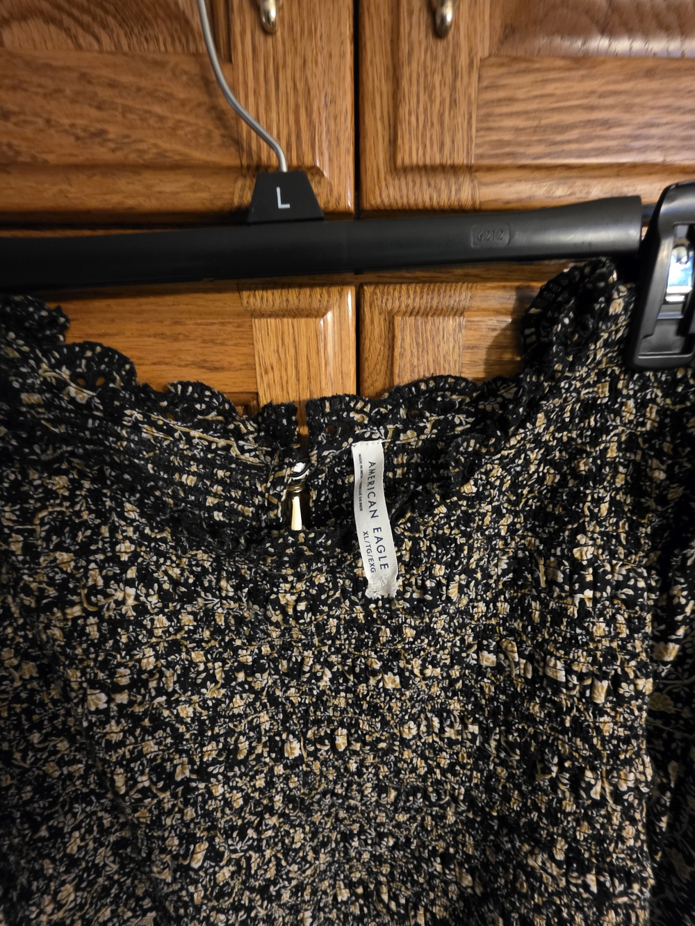 American Eagle Outfitters Black and Cream Floral Smocked Peasant Blouse - Picture 2 of 2
